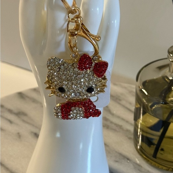 Sanrio Hello Kitty Keyring/Bag Charm Sparkling Rhinestones Golden Tone Red - Picture 6 of 8